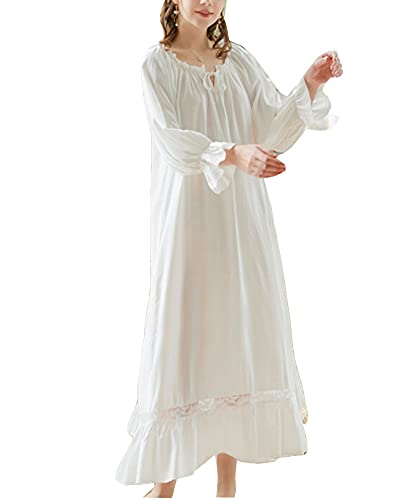 Frauen Lange Ärmel Nachthemd mit Rüschen und Kordelzug Vintage Viktorianisch Spitzen Fließendes Freizeit Nachthemd Pyjama Lounge-Kleid Nachtwäsche Schlafanzug Nachtkleid Loungwear WeißLange XL von GUOCU