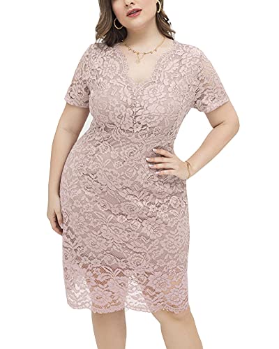 Frauen Reine Farbe Wickelkleid mit V-Ausschnitt aus Spitze Plus Größe Elegantes Partykleid Knielänge Spitzenkleid Bodycon a Linie Cocktailkleid Abendkleider Rosa XL von GUOCU