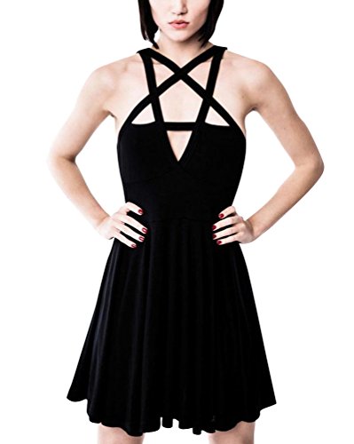 Frauen Sommer Kleid Sexy Tiefem V-Ausschnitt Kleid Sexy Crop Tank Top Für Gothic Girl Aushöhlen Pentagramm Gerippt Punk Weste M Schwarz von GUOCU