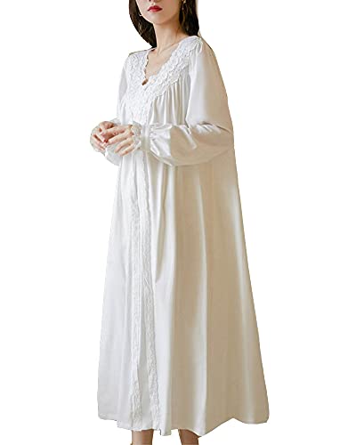 Frauen Süß Retro Viktorianischer Stil Langarm Nachthemd Palast Prinzessin Spitze Bestickt V-Ausschnitt Lounge Homewear Pyjama Nachthemd Nachtwäsche Lounge-Kleid Sleep Shirt Schlafshirts Weiß M von GUOCU