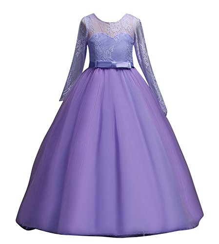 GUOCU 2018 Mädchen Prinzessin Kleid Spitzen Lange Ärmel Einfarbig Rundhalsausschnitt Bogen Tutu Formeller Anlass Hochzeitskleid Cocktailkleid Abendkleid Partyskleid Violett 150 von GUOCU
