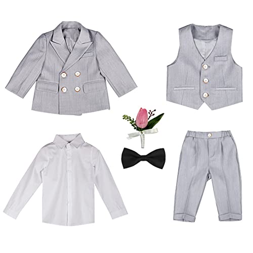 GUOCU 4/5/6 TLG Jungen Anzug Set,Kleine Jungen Frühling Formeller Kleidung Set Kinder Smoking Gentleman Outfits Festliche Hochzeit Anzüge Party Taufe Zweireihiger Kinderanzug Bekleidungsset 5-6 Jahre von GUOCU