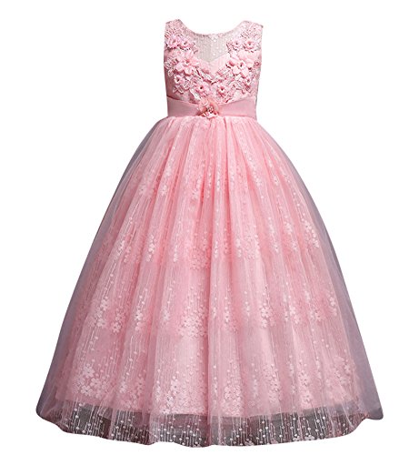 GUOCU Blumenmädchen Kleid Mädchen Prinzessin Tüll Spitzen Kleider Festlich Brautjungfern Kleid Prinzessin Hochzeit Abendkleid Prinzessin Langer Abschnitt Kleider Rosa 170 von GUOCU