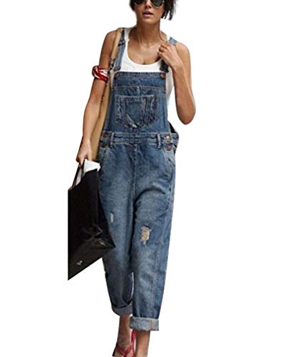 GUOCU Damen Baggy Jeans Hosen Distressed Ripped Denim Latzhose Frauen Freizeit Arbeitshosen Overall Jumpsuit Dunkelblau L von GUOCU