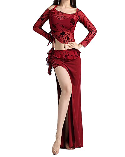 GUOCU Damen Bauchtanz Kostüme Orientalisch Anzug Tanzkleidung Elegantes Tanz Outfits Transparente Oberteile mit Blumendruck und Rüschen-Maxirock Karnevals kostüm WineRot L von GUOCU