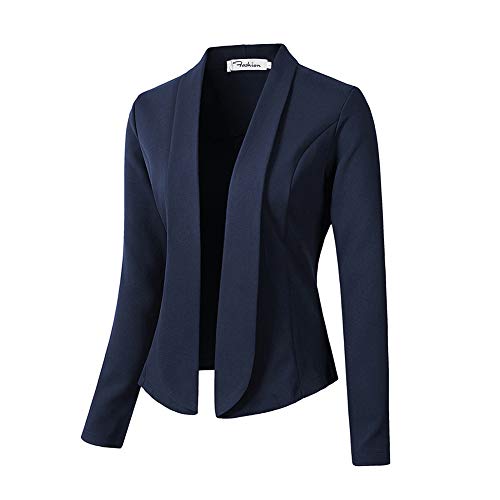 GUOCU Damen Cardigan Elegant Blazer Kurzer Knopfloser Blazer Jacke mit Schalkragen,Slim Fit Anzug Trenchcoat,Freizeit Business Büro Anzug Jacke Kurzblazer Lange Ärmel Anzugjacke Blau L von GUOCU