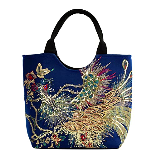 GUOCU Damen Chic Handtasche Umhängetaschen Ethnisch Pfau mit Pailletten bestickt Doppelseitig Handtasche Tote Schultertasche Handgefertigt mit Blumen Einkaufs Tasche aus Canvas 1 one size von GUOCU