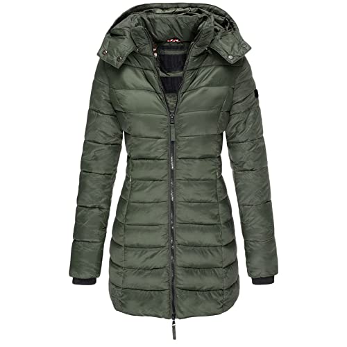 GUOCU Damen Daunenmantel Lang Warm Winterjacke mit Kapuze Winter Übergangs Jacke Slim Fit Reißverschluss Damenmantel Steppjacke Outdoor Leichte Daunenjacke Softshelljacke,Armeegrün,M von GUOCU