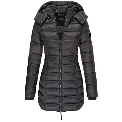 GUOCU Damen Daunenmantel Lang Warm Winterjacke mit Kapuze Winter Übergangs Jacke Slim Fit Reißverschluss Damenmantel Steppjacke Outdoor Leichte Daunenjacke Softshelljacke,Schwarz,3XL von GUOCU