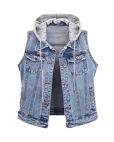 GUOCU Damen Frühling Herbst Vintage Zerrissen Basic-Jeansweste Kurz Stretch-Jacke mit Kapuze Biker-Stil Ärmellos Revers Einfache Beiläufige Denim Weste Übergangsjacke Mit Knopfleiste Licht XXL von GUOCU