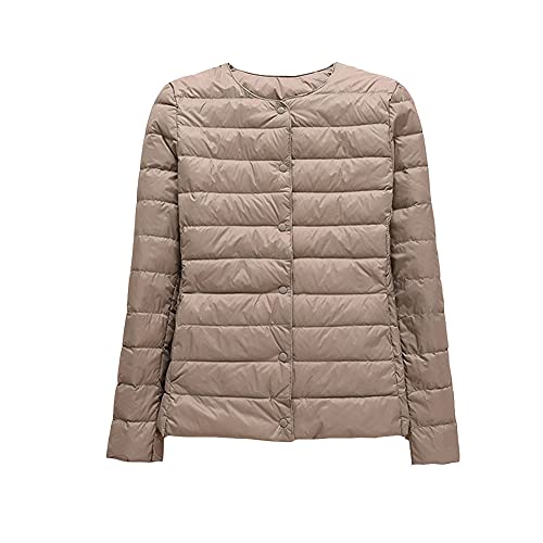 GUOCU Damen Herbst Winter Kragenlos Einfache Daunenjacke Dünne Rundhals Kurz Daunenjacke Packbarer Reißverschluss-Pufferjacke Wintermantel Ultraleichte Steppjacken Übergangsjacke Khaki S von GUOCU