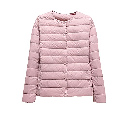 GUOCU Damen Herbst Winter Kragenlos Einfache Daunenjacke Dünne Rundhals Kurz Daunenjacke Packbarer Reißverschluss-Pufferjacke Wintermantel Ultraleichte Steppjacken Übergangsjacke Pink M von GUOCU