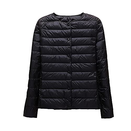 GUOCU Damen Herbst Winter Kragenlos Einfache Daunenjacke Dünne Rundhals Kurz Daunenjacke Packbarer Reißverschluss-Pufferjacke Wintermantel Ultraleichte Steppjacken Übergangsjacke Schwarz L von GUOCU