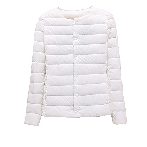 GUOCU Damen Herbst Winter Kragenlos Einfache Daunenjacke Dünne Rundhals Kurz Daunenjacke Packbarer Reißverschluss-Pufferjacke Wintermantel Ultraleichte Steppjacken Übergangsjacke Weiß L von GUOCU