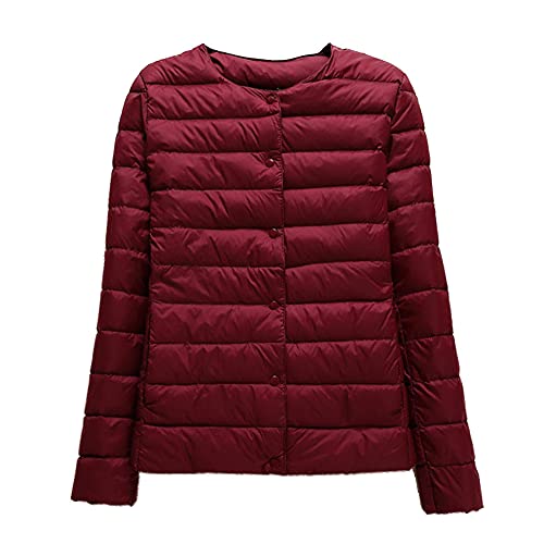 GUOCU Damen Herbst Winter Kragenlos Einfache Daunenjacke Dünne Rundhals Kurz Daunenjacke Packbarer Reißverschluss-Pufferjacke Wintermantel Ultraleichte Steppjacken Übergangsjacke rot S von GUOCU