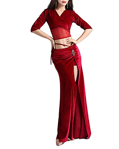 GUOCU Damen Herbst Winter orientalisch Bauchtanzanzug Bauchtanz Kleid aus Samt Bühnenbekleidung für Tänzer Performance-Tanzkostüm Tops mit V-Ausschnitt und Split Maxiröcke mit Strass Rot M von GUOCU