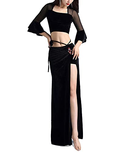 GUOCU Damen Herbst Winter orientalisch Bauchtanzanzug Bauchtanz Kleid aus Samt Bühnenbekleidung für Tänzer Performance-Tanzkostüm Tops mit V-Ausschnitt und Split Maxiröcke mit Strass Schwarz1 XL von GUOCU