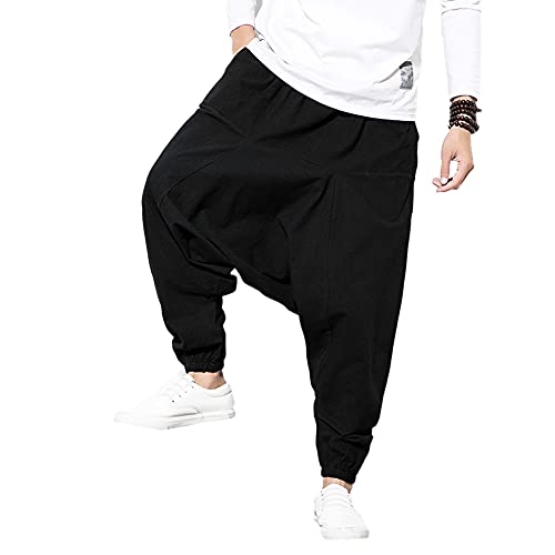 GUOCU Damen Herren Haremshose Aladinhose Hippie Hose Unisex Pumphose Pluderhose Retro Stil Weite Beine Yogahose Baggy Sporthose Freizeithosen Baumwolle und Leinen Hosen mit Tiefem Schritt Schwarz A von GUOCU