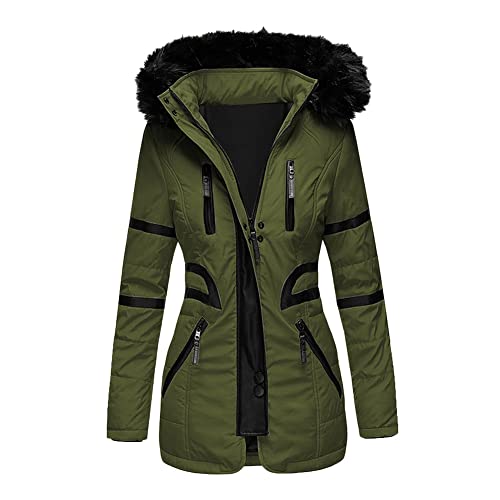 GUOCU Damen Jacke Winterparka Mantel Kunstfell Wintermantel Mantel Steppmantel Winter Jacke Lang Stepp Verdicken Parka Jacke mit Pelzkapuze,Armeegrün,XXL von GUOCU