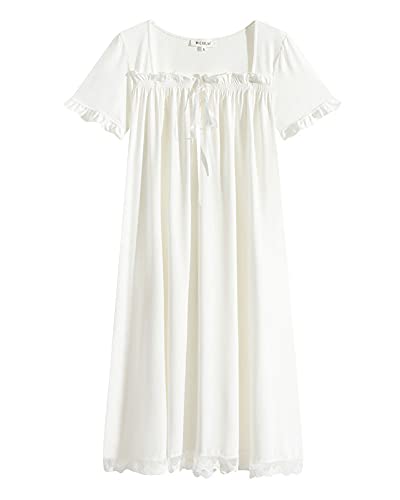 GUOCU Damen Kurzarm Prinzessin Lang Nachtkleid Loungwear Freizeit Nachthemd Vintage Viktorianischer Stil Pyjamas mit Rüschen Nachtwäsche Casual Lounge-Kleid Nachtwäsche mit Spitzen-Patch Weiß M von GUOCU
