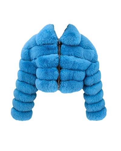 GUOCU Damen Plüschjacke Kurz Kunstpelz Jacke Revers Kunstfuchs Pelzmantel Winterjacke mit Reißverschluss Winter Verdicken Warm Kunstpelz Mantel Faux Fur Kunstfell Coat Parka Outwear Felljacke Blau S von GUOCU