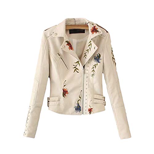 GUOCU Damen Pu Lederjacke Bikerjacke Mit Reißverschluss Blumen Stickerei Kurze Lederjacke Klassischen Übergangsjacke Bequem Motorradjacke Schlank,Beige,XL von GUOCU