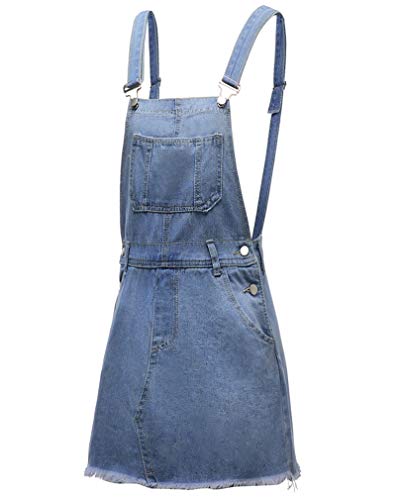 GUOCU Damen Retro Distressed Jeansrock Denimrock Verstellbarer Riemen Kurze Latzkleid Casual Overall Latzrock Hellblau XL von GUOCU