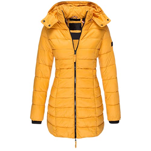 GUOCU Damen Stepp Daunenjacke Mittlere Länge Einfarbig Kapuze Elegant Mantel Reißverschluss Winter Warm Slim Fit Winddicht Puffer Ubergangsjacke mit Taschen für Freizeit Sport Reisen,Gelb,3XL von GUOCU