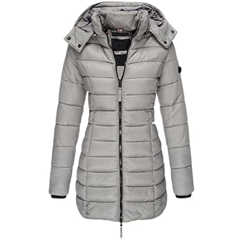 GUOCU Damen Stepp Daunenjacke Mittlere Länge Einfarbig Kapuze Elegant Mantel Reißverschluss Winter Warm Slim Fit Winddicht Puffer Ubergangsjacke mit Taschen für Freizeit Sport Reisen,Grau,3XL von GUOCU