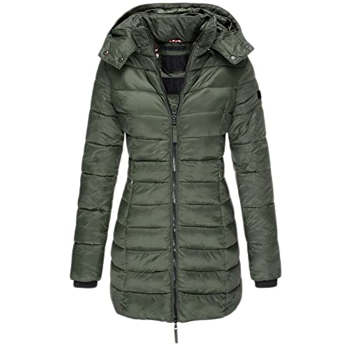 GUOCU Damen Stepp Daunenjacke Mittlere Länge Einfarbig Kapuze Elegant Mantel Reißverschluss Winter Warm Slim Fit Winddicht Puffer Ubergangsjacke mit Taschen für Freizeit Sport Reisen,Grün,M von GUOCU