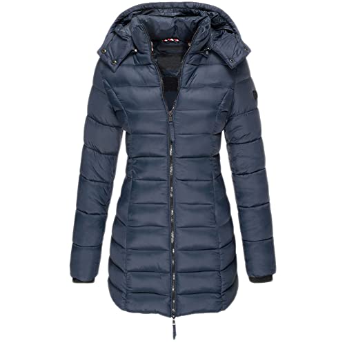 GUOCU Damen Stepp Daunenjacke Mittlere Länge Einfarbig Kapuze Elegant Mantel Reißverschluss Winter Warm Slim Fit Winddicht Puffer Ubergangsjacke mit Taschen für Freizeit Sport Reisen,Marine,L von GUOCU