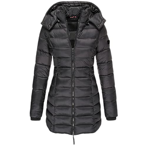 GUOCU Damen Stepp Daunenjacke Mittlere Länge Einfarbig Kapuze Elegant Mantel Reißverschluss Winter Warm Slim Fit Winddicht Puffer Ubergangsjacke mit Taschen für Freizeit Sport Reisen,Schwarz,S von GUOCU