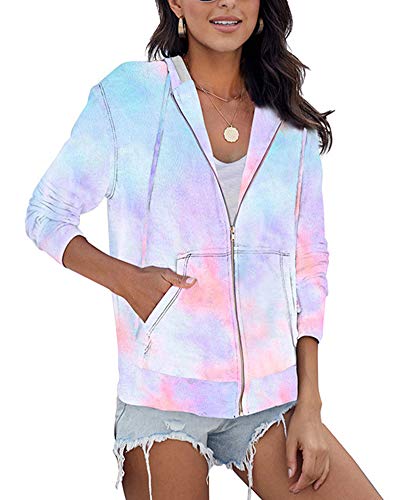 GUOCU Damen Sweatjacke Batik-Optik Kapuzenpullover Langarm Hoodie Sweater Sweatshirt mit Reißverschluss Lose Kapuzen Jacke mit Kordelzug Herbst Pullover Oberteile mit Känguru-Tasche Hellblau M von GUOCU