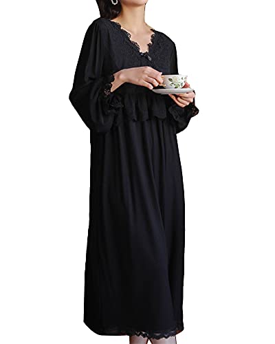 GUOCU Damen Viktorianischer Vintage Zwei Schichten Langarm Kleid Nachthemd Palast Prinzessin Bestickte Spitze V-Ausschnitt Langes Transparentes Nachthemd Pyjama Nachtwäsche Lounge-Kleid Schwarz L von GUOCU