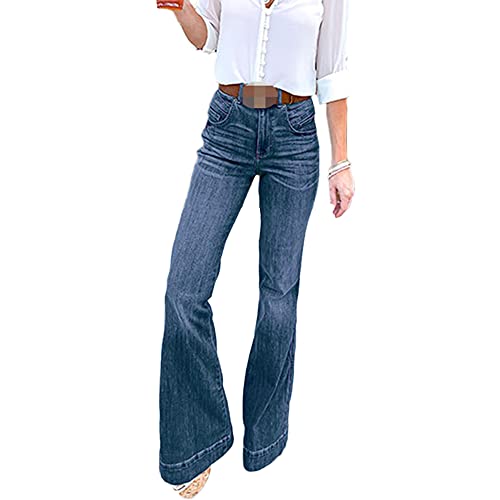 GUOCU Damen Weitem Bein Jeans Slim Fit Lang Hose Boyfriend Hohe Taille Bootcut Jeanshose Denim Straight Denim Hose Mode Schlaghose Retro Stil Denim Pants Elegant Stretch Skinny Hüftjeans XL von GUOCU