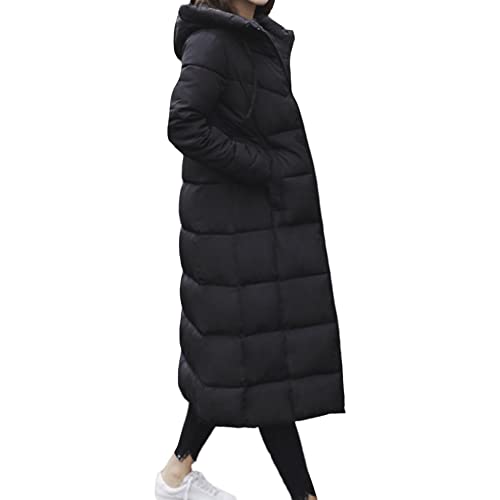 GUOCU Damen Winter Steppjacke Wintermantel Lange Mantel Jacke Parka Steppmantel Winterjacke Warme Jacke Outdoorjacke mit Kapuze Lange Einfarbige Reißverschluss Kapuzenjacke Schwarz L von GUOCU