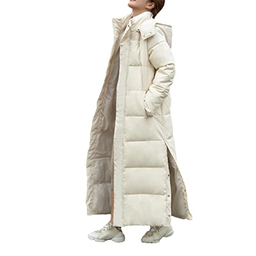 GUOCU Damen Winterjacke Lang Daunenjacke Lang Mantel Daunenmantel Steppmantel Wintermantel mit Kapuze Winter Warm Maxi Parka Jacke Seitlich Geteilt Steppjacke Outwear Beige M von GUOCU