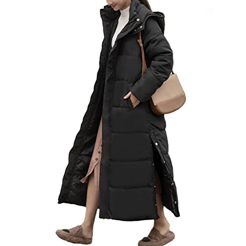 GUOCU Damen Winterjacke Lang Daunenjacke Lang Mantel Daunenmantel Steppmantel Wintermantel mit Kapuze Winter Warm Maxi Parka Jacke Seitlich Geteilt Steppjacke Outwear Schwarz 3XL von GUOCU