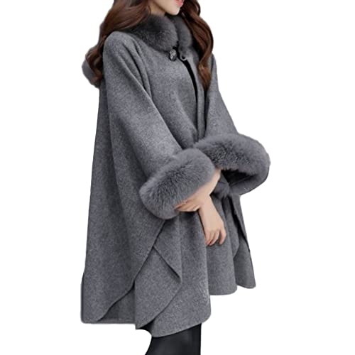 GUOCU Damen Wintermantel Wollmantel Kunstpelzkragen Swing Weit Poncho Cape Stil Winterjacke Trenchcoat Übergangsjacke Dufflecoat Wintermantel Outwear,Grau,3XL von GUOCU