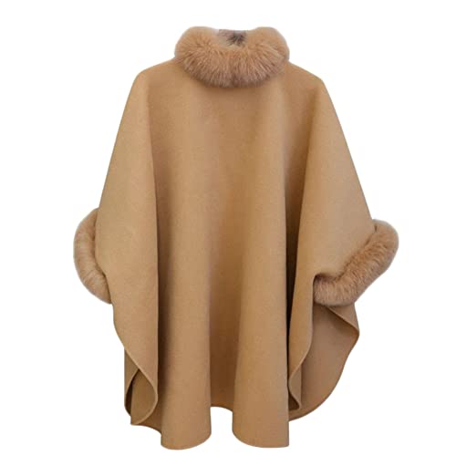 GUOCU Damen Wintermantel Wollmantel Kunstpelzkragen Swing Weit Poncho Cape Stil Winterjacke Trenchcoat Übergangsjacke Dufflecoat Wintermantel Outwear,Kamel,3XL von GUOCU