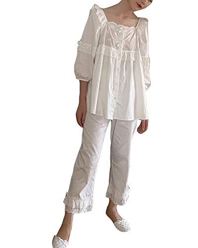 GUOCU Damen süß Victorian Langarm Zwei Stück Set Top mit Blumenstickerei Quadratischer Hals & Hosen Pjs Schlafanzug Nightwear Nachtwäsche Loungewear mit Spitze & Bowknot Dekoration Weiß XL von GUOCU