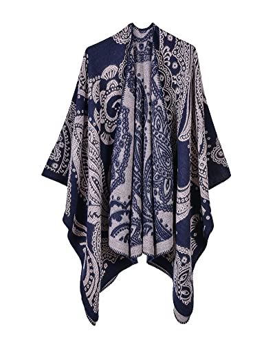 GUOCU Damen vorne offen Winterschal aus Kaschmir Imitat Verdickter Warmer Umhang mit Schalwickel Bedruckter Patchwork Poncho-Umhang im Paisley-Stil Cardigan Kreativer Mantel Navy von GUOCU