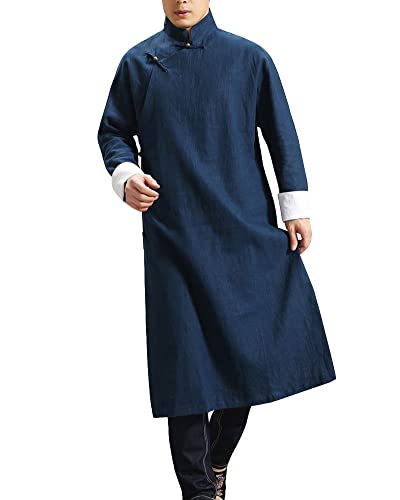 GUOCU Herren Chinesischen Stil Lässiges Einfarbig Hanfu Mantel Strickjacke Kaftan Froschknopf Kampfkünste Lange Kleidung Kung Fu Robe Leinenmantel Leinenhemd Blau L von GUOCU