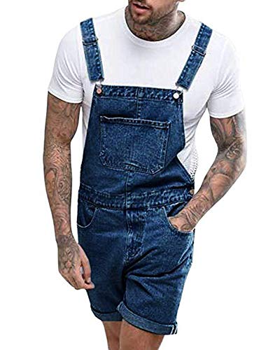 GUOCU Herren Distressed Kurze Jeanshose Denim Latzhose Overall Latzshorts Roll Up Freizeit Jumpsuit Arbeitshosen Dunkelblau XL von GUOCU