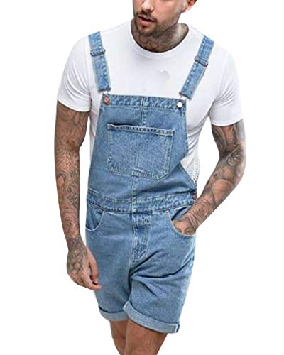 GUOCU Herren Distressed Kurze Jeanshose Denim Latzhose Overall Latzshorts Roll Up Freizeit Jumpsuit Arbeitshosen Hellblau XL von GUOCU