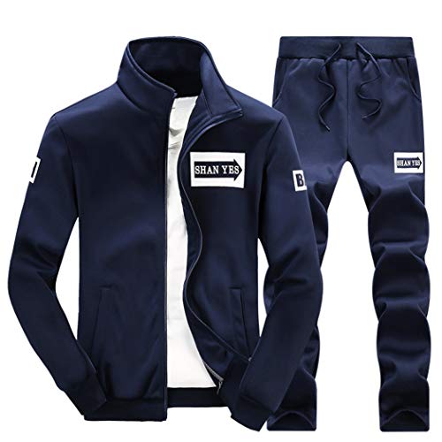 GUOCU Herren Freizeit Lange Ärmel Jogginganzug Trainingsanzug Reißverschluss Einfarbig Sporthose Hosen Bewegung Sportbekleidung Zwei Stücke Dunkel Blau S von GUOCU