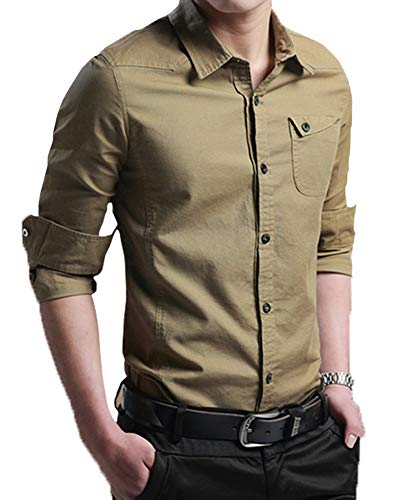 GUOCU Herren Freizeit Regular Fit Langarmhemd Einfarbig Slim Fit Business Arbeit Hochzeit Formal Hemden Button Down Hemd Khaki XS von GUOCU