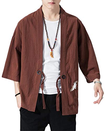 GUOCU Herren Japan Happi Haori Kimono Cardigan Frühling-Sommer Jacke Stickerei Open Front Lose Hemd Tops Kaffee 5XL von GUOCU