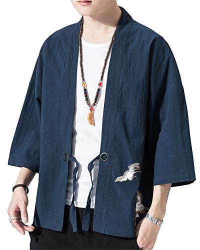 GUOCU Herren Japan Happi Haori Kimono Cardigan Frühling-Sommer Jacke Stickerei Open Front Lose Hemd Tops Marine 5XL von GUOCU