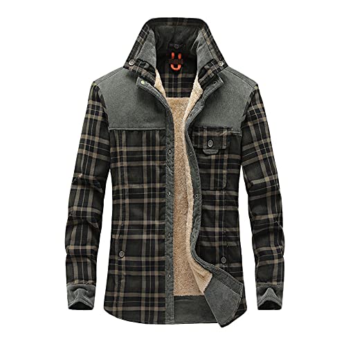 GUOCU Herren Kariert Fleecefutter Thermohemd Langarm Warm Innenfutter Winter Langarm Holzfällerhemd Winterjacke Flanelljacke Holzfällerjacke Arbeitsjacke,Armeegrün2,XXL von GUOCU